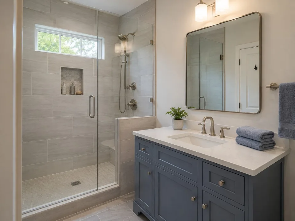 Completed bathroom remodel with tiled walk-in shower.