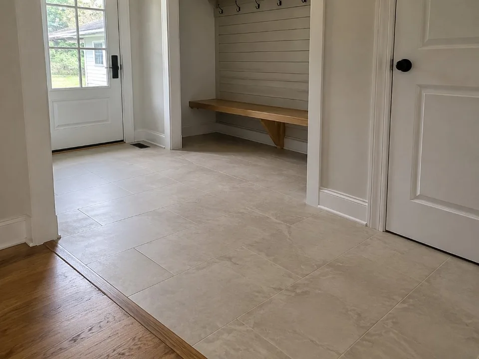 Completed porcelain tile flooring and hardwood transition.